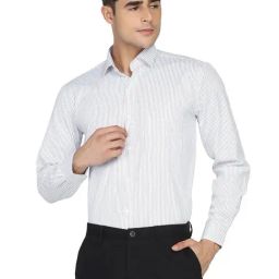 TAHVO White Cotton Slim Fit Striped Shirt-image-0