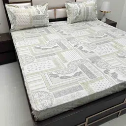 Pure Decor Green & Beige Ethnic Motifs 300 TC King Bedsheet with 2 Pillow Covers-picture-37