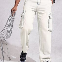 WROGN Men Loose Cargo Fit Heavy Fade Pure Cotton Jeans-image-80