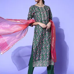DIVASTRI Floral Printed Straight Kurta With Trousers And Dupatta-image-17