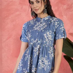 Sangria Floral Printed Pure Cotton Pintuck Short Peplum Top-image-39