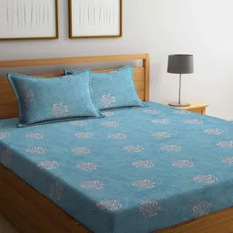 Myntra Elegant Homes Turquoise Blue Printed Pure Cotton 400TC King Bedsheet Set 2.5 x 2.2m-9