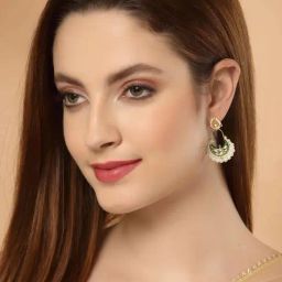 Dugran By Dugristyle Green & White Chand Bali Earrings with Kundan & Pearls for Women-image-9