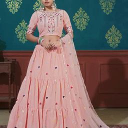 SHUBHKALA Peach Cotton Embroidered Lehenga and Choli Set With Dupatta-3