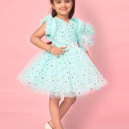 BAESD Polka Dot Print Flutter Sleeve Net Fit & Flare Dress image 3