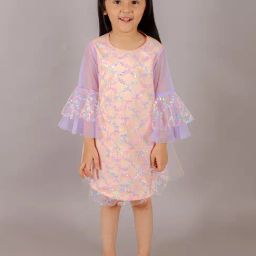 Lil Drama Kids Peach & Purple Embellished Dress-picture-23