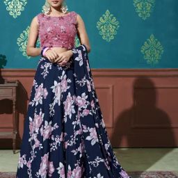 SHUBHKALA Navy & Pink Silk Floral Print Lehenga and Choli Set With Dupatta-image-17