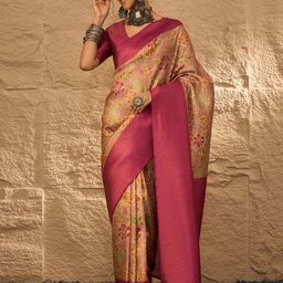 Sangria Women Beige Silk Blend Ethnic Digital Print Party Wear Saree with Matching Blouse-picture-34