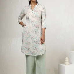 Soch Floral Printed Mandarin Collar Beads & Stones Cotton Linen Straight Kurta-23