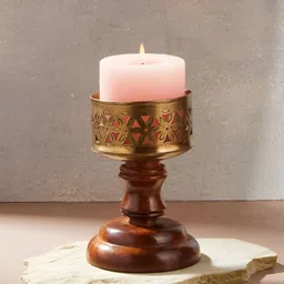 Fabindia Gold-Toned & Brown Wooden Candle Holder-picture-35