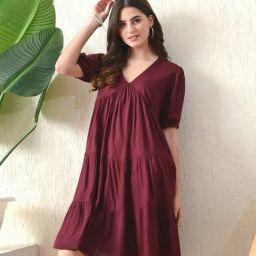DECKEDUP Wine Solid Short Sleeves Dress-image-34