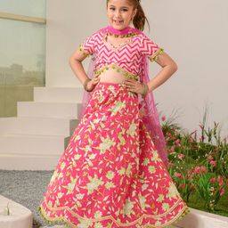 Pspeaches Half Sleeves Chevron Motif Printed Pom Pom Detailed Lehenga Choli With Dupatta - Pink-image-29