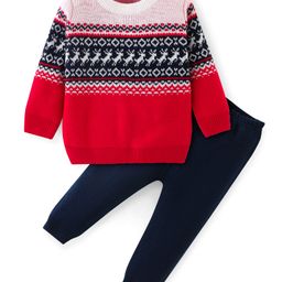 Babyhug Full Sleeves Sweater Set  - Red & Navy Blue-image-87