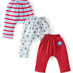 Babyhug Cotton Full Length Diaper Pants Space Theme Print Pack Of 3 - Red White & Blue-image-2