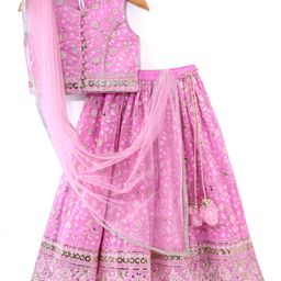 Babyhug Woven Sleeveless Net Sequined Embroidered Choli Lehenga & Dupatta Set - Pink-picture-15