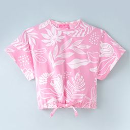 Little Kangaroos Cotton Lycra Knit Half Sleeves Top Tropical Print - Pink-image-67