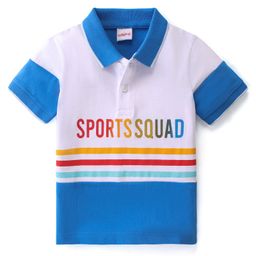 Babyhug Cotton Knit Half Sleeves Cut & Sew with Text Graphics Polo T-Shirt - White & Blue-image-47