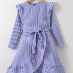 Kookie Kids Full Sleeves Textured Frock With Frill Detail & Self Fabric Belt - Purple-image-93