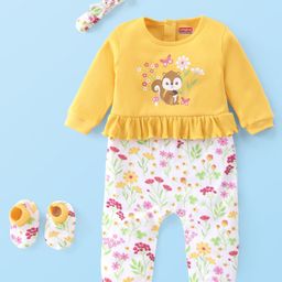 Babyhug 100% Cotton Knit Full Sleeves Romper with Hair Band & Booties Floral Print - Yellow & White-image-59