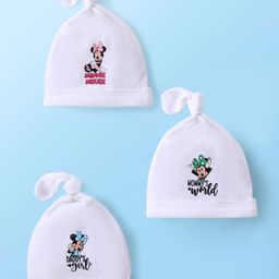 Babyhug Disney  Interlock Knitted Caps With Minnie Mouse Graphic and Knot Detailing Pack of 3 - White-image-7