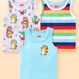 Babyhug 100% Cotton Sleeveless Antibacterial Sandos Striped & Cub Print Pack of 3 - White & Blue-22