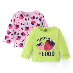 Doodle Poodle 100% Cotton Knit Single Jersey Full Sleeves Tops with Strawberry Print Pack of 2 - Pink & Green-picture-0
