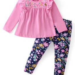 Babyhug Cotton Knit Full Sleeves Frill Detailed Top & Leggings Set With Floral Embroidery - Pink & Navy-image-45