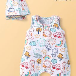 Babyoye 100% Organic Muslin Woven Sleeveless Romper with Cap Elephant Print - White-picture-42