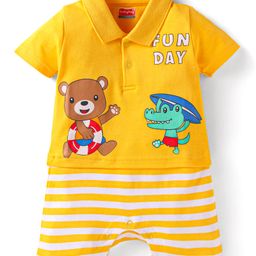 Babyhug Interlock Knit Half Sleeves Romper With Animal Print - Yellow-image-86
