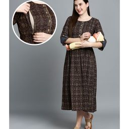 Dummy Shape Viscose Rayon Three Fourth Sleeves Abstract Printed Maternity Flared Kurta With Nursing Access - Brown-image-30