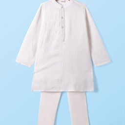 Babyhug Cotton Woven Full Sleeves Solid SelfEmbroidered Kurta Pyjama Set - White-10