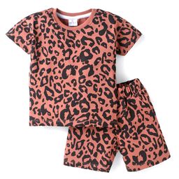 Mark & Mia Terry Knit Half Sleeves Printed T-Shirt & Shorts Set - Brown-image-43