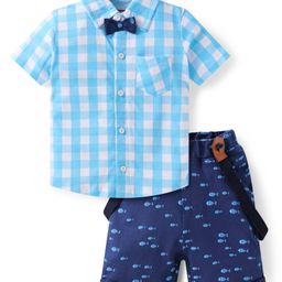 Babyhug Single Jersey Knit Half Sleeves Checks Shirt & Fish Printed Shorts With Bow Applique & Suspender - Light & Navy Blue-image-37