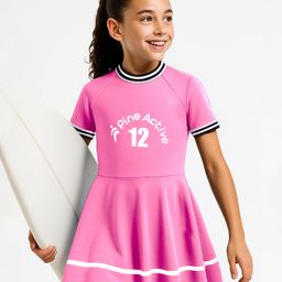 Pine Active Half Sleeves Frock Swimsuit With Logo Print - Pink-image-81