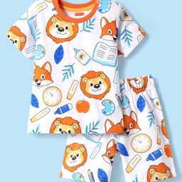 Babyhug Cotton Knit Half Sleeves Shorts Co-ords Night Suit With Animal Print - White & Blue-image-94