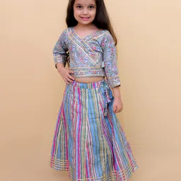 The Mom Store Cotton Three Fourth Sleeves Floral Printed Gota Lace Embellished Lehenga Choli - Multi Colour-picture-17
