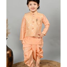 BT DEZINES Full Sleeves Damask Brocade Kurta Dhoti Set With Waistcoat - Peach-image-61