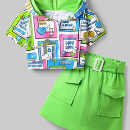 Ollington St. Cotton Knit Half Sleeves Printed Hoodie Top & Skirt Set With Belt - Lime Green-image-94