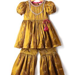 Saka Designs Woven Half Sleeves Kurta Gharara Set With Embroidery Detailing - Golden-image-59