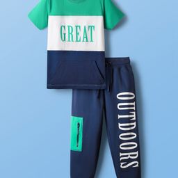 Pine Kids Cotton Knit Half Sleeves Cut & Sew T-Shirt & Lounge Pant Set with Text Print - Navy Blue-image-35