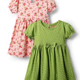Babyhug Single Jersey Knit Half Sleeves Frocks With Floral Print Pack Of 2 - Green & Pink-image-84
