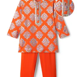 EARTHY TOUCH Single Jersey Knit Mandarin Collar Full Sleeves Kurta Pyjama Set With Floral Print - Orange-picture-13