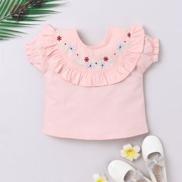 Aww Hunnie 100% Cotton Woven Half Sleeves Floral Embroidered Top - Peach-picture-44