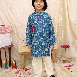 KID1 Cotton Woven Full Sleeves Baby Animals Printed Kurta Pyjama - Blue-image-34