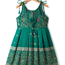 Bhartiya Paridhan Silk Woven Sleeveless Pleated Ethnic Dress with Floral Print & Bow Applique - Green-picture-25