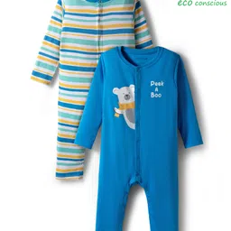 Babyoye 100% Cotton Knit Eco Jiva Finish Full Sleeves Rompers With Stripes & Animal Print Pack of 2 - Blue & White-picture-18