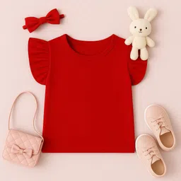 Luke and Lilly Cotton Knit Half Frill Sleeves Solid Top - Red-picture-12