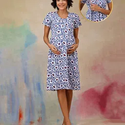 Zelena Cotton Elastane Knit Half Sleeves Floral Printed Maternity Dress With Nursing Access - Navy Blue-picture-26