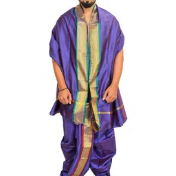 Exotic India Ready to Wear Dhoti and Veshti Set with Woven Golden Border-image-90