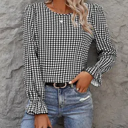 Stylecast X Slyck Checked Pattern Puff Sleeves Ruffles Blouson Top-image-21
